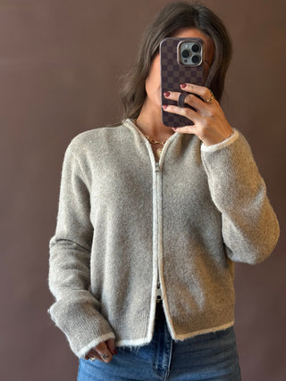 Contrast Detail Zip Up Cardigan