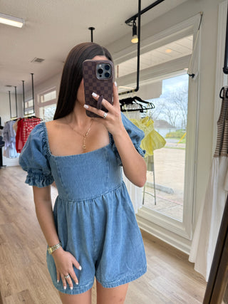 Denim Puff Sleeve Romper