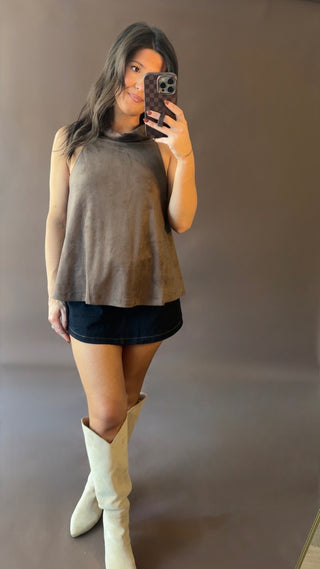 Suede Halter Top-Brown