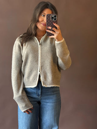 Contrast Detail Zip Up Cardigan